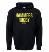The Montgomery Yellowhammers "Hammers Rugby" 60/40 Hoodie by WRS Augusta features a front pocket and bold yellow "HAMMERS RUGBY EST 1984" text—ideal custom fan wear for any supporter.