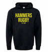 The Montgomery Yellowhammers "Hammers Rugby" 60/40 Hoodie by WRS Augusta features a front pocket and bold yellow "HAMMERS RUGBY EST 1984" text—ideal custom fan wear for any supporter.