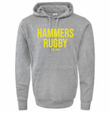 Show your team spirit with the WRS Augusta Montgomery Yellowhammers "Hammers Rugby" 60/40 Hoodie—a gray athletic fleece featuring "HAMMERS RUGBY EST. 1884" in bold yellow on the front, perfect custom fan wear for any supporter.