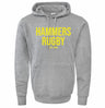 Show your team spirit with the WRS Augusta Montgomery Yellowhammers "Hammers Rugby" 60/40 Hoodie—a gray athletic fleece featuring "HAMMERS RUGBY EST. 1884" in bold yellow on the front, perfect custom fan wear for any supporter.