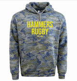 The Montgomery Yellowhammers "Hammers Rugby" camo fleece hoodie by WRS LAT features blue and green camo with yellow "HAMMERS RUGBY EST. 1984" text—a bold choice for fans.