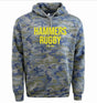 The Montgomery Yellowhammers "Hammers Rugby" camo fleece hoodie by WRS LAT features blue and green camo with yellow "HAMMERS RUGBY EST. 1984" text—a bold choice for fans.