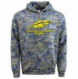 Show your team spirit in the Montgomery Yellowhammers Camo 60/40 Hoodie by WRS LAT, featuring blue and gray camo with a yellow feather and "Yellowhammers Rugby" on the front.