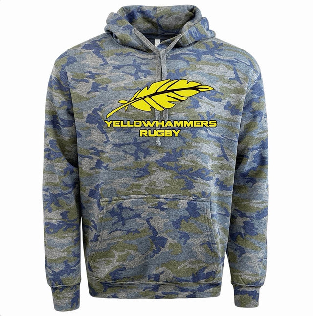 Show your team spirit in the Montgomery Yellowhammers Camo 60/40 Hoodie by WRS LAT, featuring blue and gray camo with a yellow feather and "Yellowhammers Rugby" on the front.