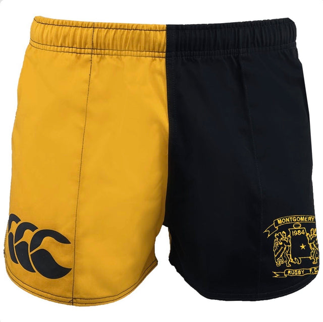 The Montgomery Yellowhammers Retro Classic Harlequin Cotton Short by EMB Canterbury features two-tone legs—one yellow, one black—with a crest and "Montgomery Rugby" on the black side, Canterbury logo on the yellow, and durable cotton construction.