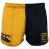 The Montgomery Yellowhammers Retro Classic Harlequin Cotton Short by EMB Canterbury features two-tone legs—one yellow, one black—with a crest and "Montgomery Rugby" on the black side, Canterbury logo on the yellow, and durable cotton construction.