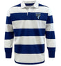 The EMB Mudoo Scottsdale Rugby Royal Classic Long Sleeve Hooped Rugby Jersey features wide blue and white stripes, a "Rugby" team logo on the left chest, and classic long sleeves for timeless style.