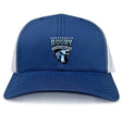 The Scottsdale Rugby Royal Retro Trucker Cap by EMB S&S Activewear features blue and white panels, an embroidered "Scottsdale Rugby" logo with a wolf and "Established 1986" on the front, plus a classic snapback closure.