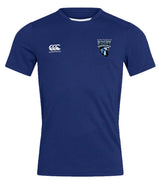 The Scottsdale Rugby Royal Club Dry Tee by EMB Canterbury is a plain blue, short-sleeved rugby shirt with the Canterbury logo on the right chest and a Scottsdale Rugby badge on the left, offering breathable comfort and performance.