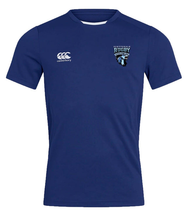 The Scottsdale Rugby Royal Club Dry Tee by EMB Canterbury is a plain blue, short-sleeved rugby shirt with the Canterbury logo on the right chest and a Scottsdale Rugby badge on the left, offering breathable comfort and performance.