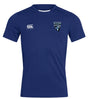The Scottsdale Rugby Royal Club Dry Tee by EMB Canterbury is a plain blue, short-sleeved rugby shirt with the Canterbury logo on the right chest and a Scottsdale Rugby badge on the left, offering breathable comfort and performance.