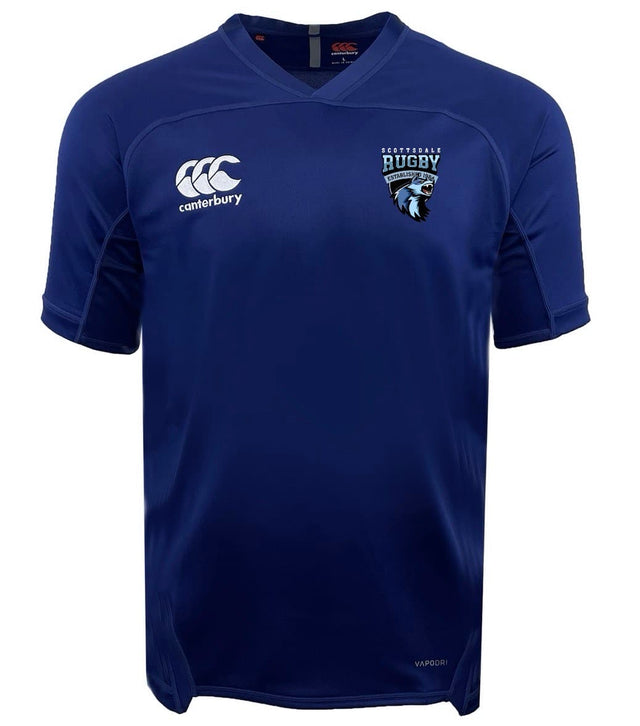The Scottsdale Rugby Royal Evader Jersey by EMB Canterbury features short sleeves, “Canterbury” and team logos on the chest, and moisture-wicking fabric for comfort on or off the field.
