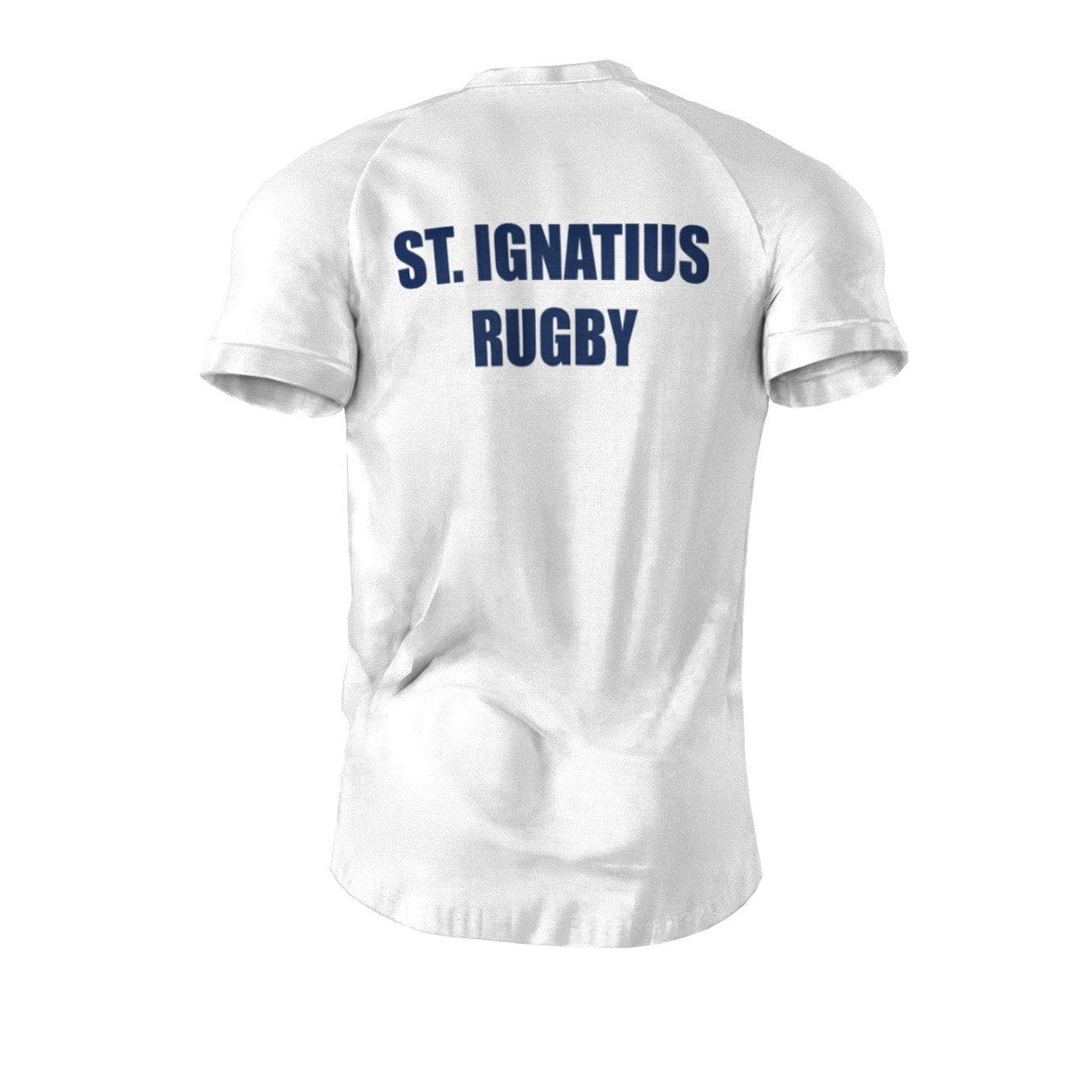 Back view of a white Admiral performance tee with "St. Ignatius Rugby" in blue, available for pre-order now.