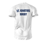 Back view of a white Admiral performance tee with "St. Ignatius Rugby" in blue, available for pre-order now.
