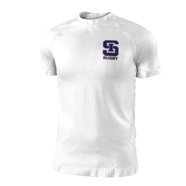 White performance tee by Admiral with a blue and grey "SG Rugby" logo on the left chest. Available for pre-order to secure yours upon production completion.
