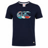 The Canterbury Uglies Logo T-Shirt by Canterbury is a women's rugby tee in navy blue with short sleeves, featuring a multicolored striped "CCC" logo on the chest and a small "CCC" label near the hem. Inspired by the iconic Canterbury rugby shirt style.