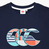 The Canterbury Uglies Logo T-Shirt by Canterbury is a navy blue women’s rugby tee showcasing a large, stylized “CCC” logo with multicolored stripes and geometric patterns across the chest—a bold choice for making a statement on or off the field.