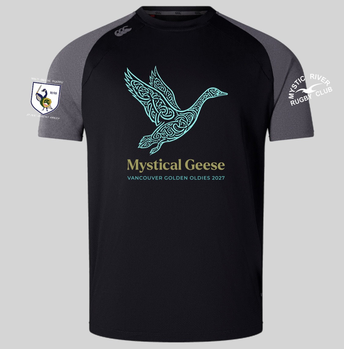 Presenting the Mystical Geese Elite Training Tee by Canterbury—a black and gray sports jersey from WRS Canterbury. Showcasing a stylized goose graphic, “Mystical Geese Vancouver Golden Oldies 2027,” and team logos on each sleeve, this tee is expertly crafted with advanced Vapodri fabrics for superior comfort and performance.