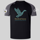 Presenting the Mystical Geese Elite Training Tee by Canterbury—a black and gray sports jersey from WRS Canterbury. Showcasing a stylized goose graphic, “Mystical Geese Vancouver Golden Oldies 2027,” and team logos on each sleeve, this tee is expertly crafted with advanced Vapodri fabrics for superior comfort and performance.