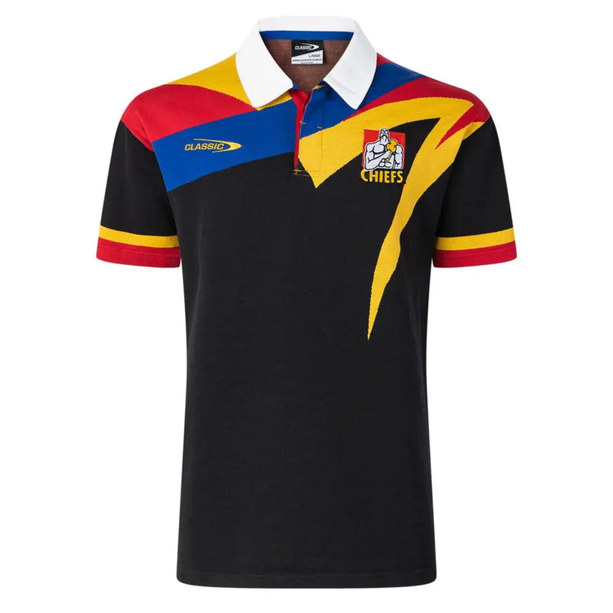 The Limited Edition Gallagher Chiefs Super Rugby 25/26 Retro Jersey by Classic Sportswear is a black polo shirt with a red, yellow, and blue abstract design, featuring a white collar and the "Gallagher Chiefs" logo on the chest to celebrate Chiefs Super Rugby heritage.
