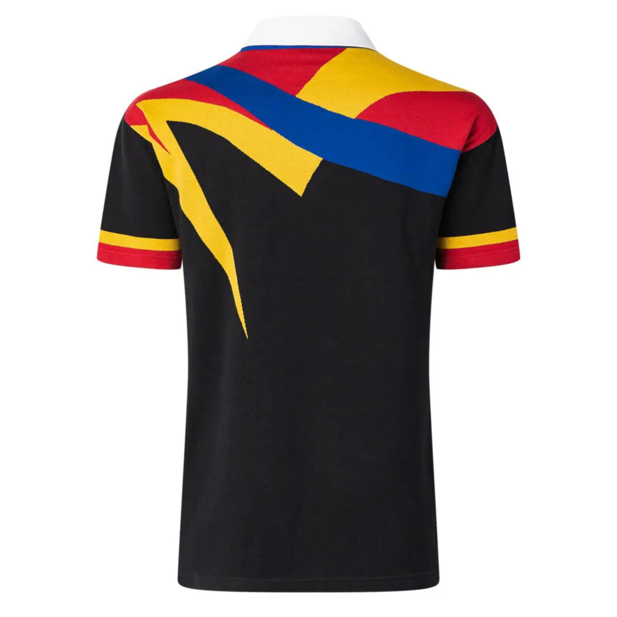 Back view of the Limited Edition Gallagher Chiefs Super Rugby 25/26 Retro Jersey by Classic Sportswear, showcasing a retro sports vibe with a colorful abstract design in yellow, red, and blue on the upper half and sleeves.