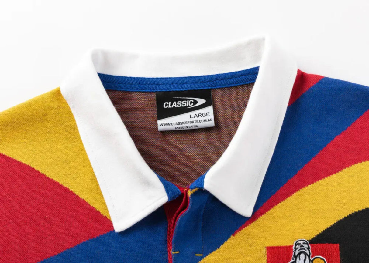 Close-up of the Limited Edition Gallagher Chiefs Super Rugby 25/26 Retro Jersey by Classic Sportswear, featuring a colorful striped design and white collar, capturing the timeless charm of a rugby-inspired jersey.