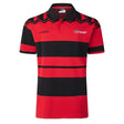 The Limited Edition Crusaders Super Rugby 25/26 Retro Jersey by Classic Sportswear is a red and black striped heavyweight cotton polo shirt with short sleeves, a collar, and front logos for an authentic look.