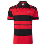 The Limited Edition Crusaders Super Rugby 25/26 Retro Jersey by Classic Sportswear is a red and black striped heavyweight cotton polo shirt with short sleeves, a collar, and front logos for an authentic look.
