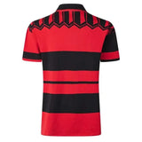 Back view of the Limited Edition Crusaders Super Rugby 25/26 Retro Jersey by Classic Sportswear, featuring a red and black striped polo design with zigzag shoulder patterns, made from heavyweight cotton for durability and classic comfort.
