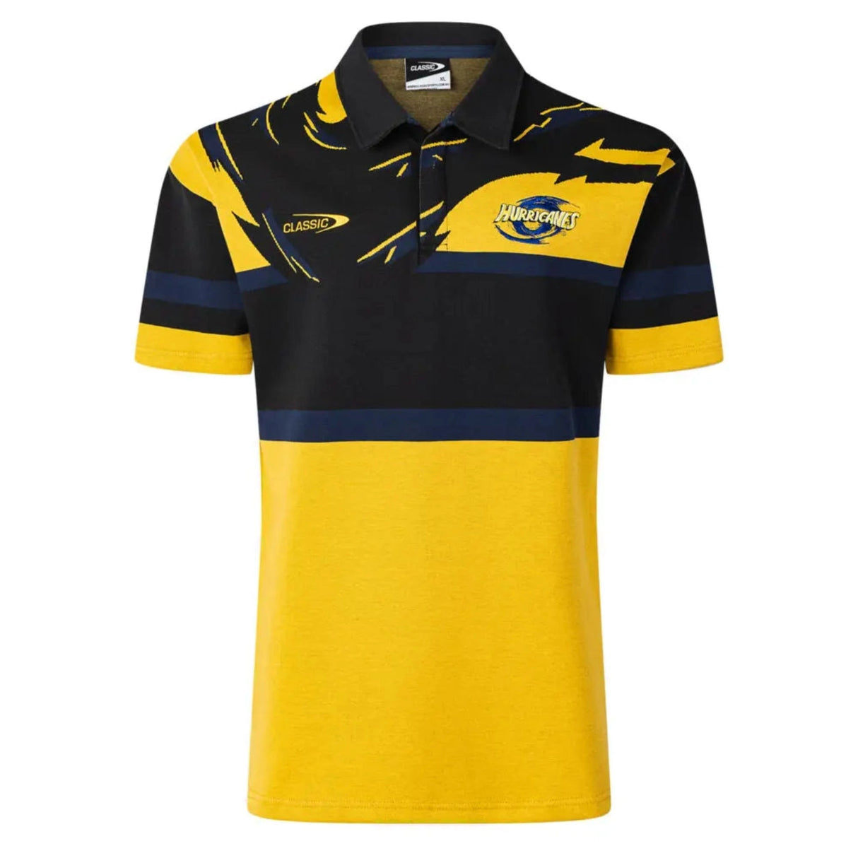 The Limited Edition Hurricanes Super Rugby 25/26 Retro Jersey by Classic Sportswear is yellow and black with abstract blue accents, featuring the word "Classic" and a team logo. It's ideal for fans of retro jerseys, embodying timeless style and classic sportswear appeal.