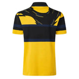 Back view of the Limited Edition Hurricanes Super Rugby 25/26 Retro Jersey by Classic Sportswear, showcasing a yellow and black abstract pattern with horizontal navy stripes.