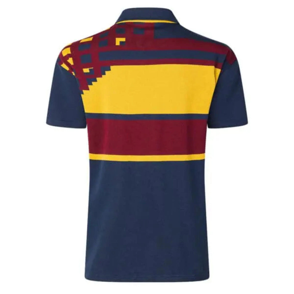The Limited Edition Highlanders Super Rugby 25/26 Retro Jersey by Classic Sportswear showcases a navy back view adorned with yellow and red geometric patterns on the top half, reminiscent of classic styles.