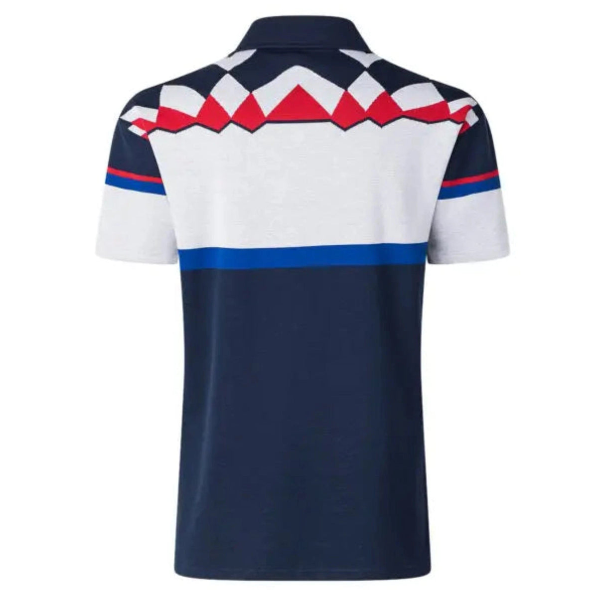 Back view of the Limited Edition Blues Super Rugby 25/26 Retro Jersey by Classic Sportswear displaying a geometric pattern in white, red, and blue on the upper half, with a solid dark blue lower half, echoing classic sportswear design.