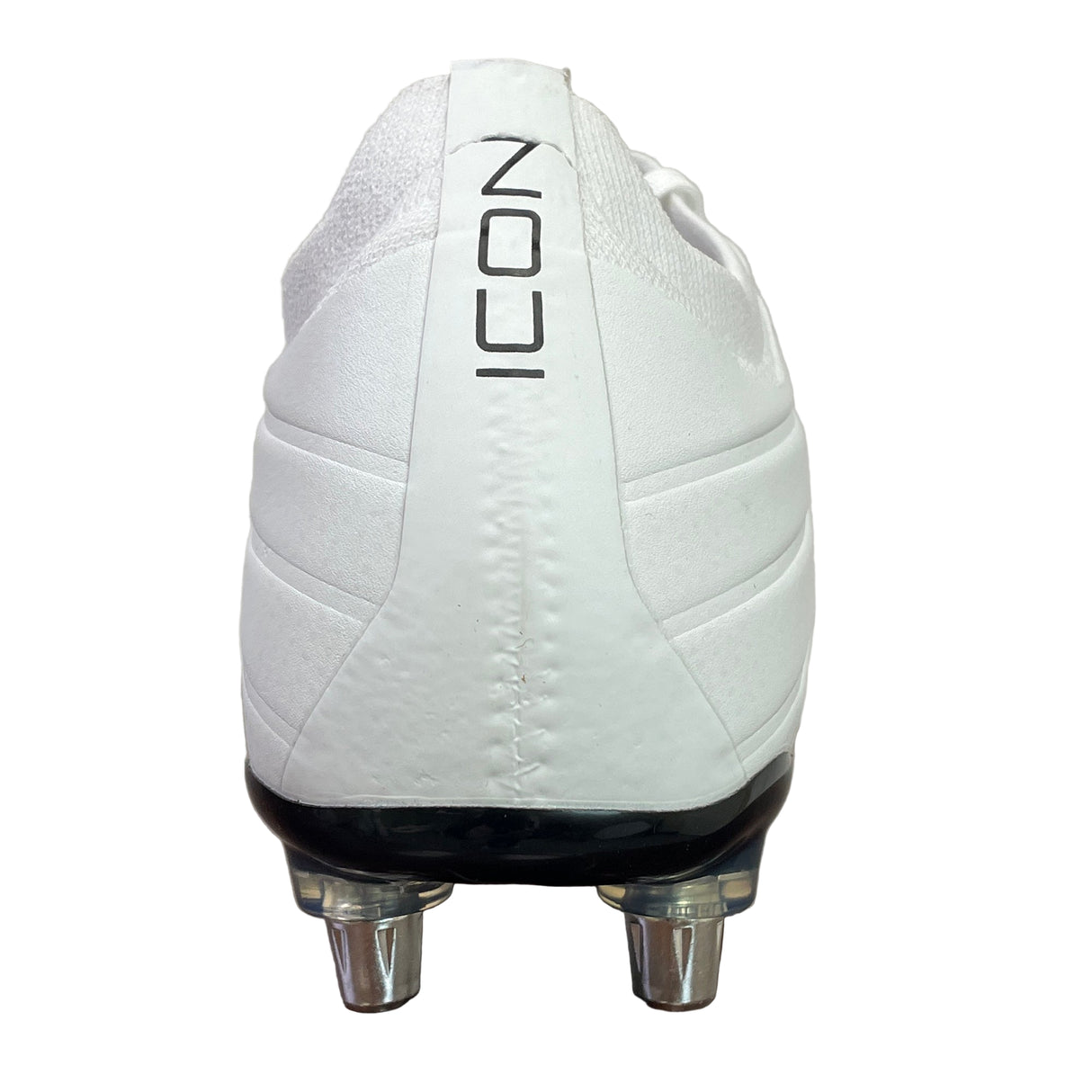 The Gilbert Icon X 6S SG - White rugby boot by Gilbert, shown from the back with two metal studs and “NOU” printed vertically on the heel, is perfect for players needing premium soft ground performance.