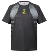 Montgomery Yellowhammers Tempo+ Training Tee by EMB Canterbury is a short-sleeve black athletic t-shirt featuring gray accents and a yellow logo, with “Yellowhammer” text on the front. Made by Canterbury, this moisture-wicking rugby shirt is designed for comfort and high performance.