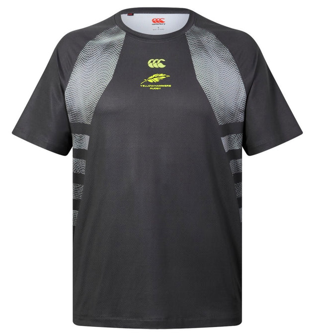 Montgomery Yellowhammers Tempo+ Training Tee by EMB Canterbury is a short-sleeve black athletic t-shirt featuring gray accents and a yellow logo, with “Yellowhammer” text on the front. Made by Canterbury, this moisture-wicking rugby shirt is designed for comfort and high performance.