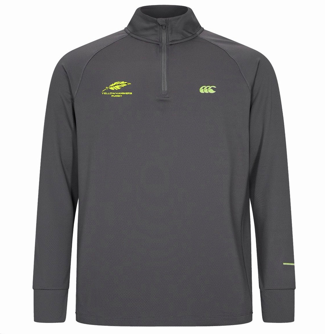 Montgomery Yellowhammers Tempo+ 1/4 Zip Training Top by EMB Canterbury in long-sleeve dark gray, featuring a yellow team logo on the chest and branding on the left sleeve, displayed on a white background.