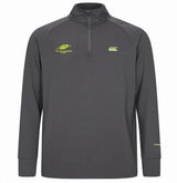 Montgomery Yellowhammers Tempo+ 1/4 Zip Training Top by EMB Canterbury in long-sleeve dark gray, featuring a yellow team logo on the chest and branding on the left sleeve, displayed on a white background.