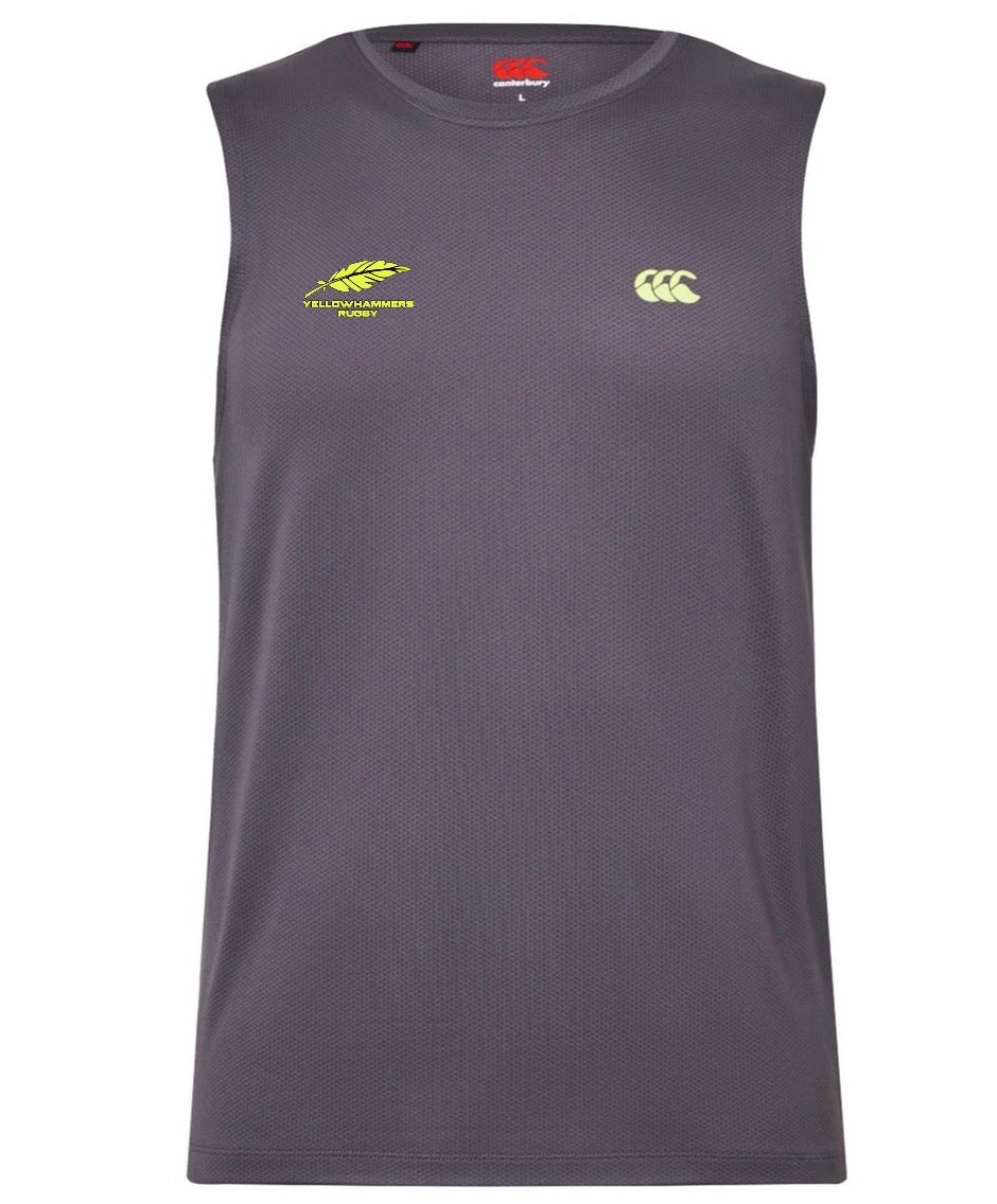 The Montgomery Yellowhammers Tempo+ Training Tank by EMB Canterbury is a sleeveless gray rugby training top with an athletic fit, featuring a small yellow “Yellowhammers” logo and a white EMB Canterbury logo on the chest. Made with moisture-wicking fabric, it keeps you comfortable during intense training sessions.