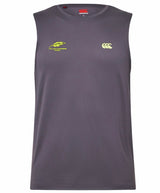 The Montgomery Yellowhammers Tempo+ Training Tank by EMB Canterbury is a sleeveless gray rugby training top with an athletic fit, featuring a small yellow “Yellowhammers” logo and a white EMB Canterbury logo on the chest. Made with moisture-wicking fabric, it keeps you comfortable during intense training sessions.