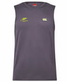 The Montgomery Yellowhammers Tempo+ Training Tank by EMB Canterbury is a sleeveless gray rugby training top with an athletic fit, featuring a small yellow “Yellowhammers” logo and a white EMB Canterbury logo on the chest. Made with moisture-wicking fabric, it keeps you comfortable during intense training sessions.