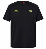 Introducing the Montgomery Yellowhammers Everest Training Tee by EMB Canterbury: a black, short-sleeve performance-fit rugby shirt featuring two yellow chest logos—the left displays “Yellowhammers Rugby,” while the right highlights the signature Canterbury CCC brand mark. Designed for maximum comfort and durability, this athletic tee is ideal for both on-field action and everyday wear.