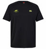 Introducing the Montgomery Yellowhammers Everest Training Tee by EMB Canterbury: a black, short-sleeve performance-fit rugby shirt featuring two yellow chest logos—the left displays “Yellowhammers Rugby,” while the right highlights the signature Canterbury CCC brand mark. Designed for maximum comfort and durability, this athletic tee is ideal for both on-field action and everyday wear.