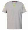 Introducing the Montgomery Yellowhammers Tempo + Drill Top by EMB Canterbury—a light grey, short-sleeved rugby training shirt featuring distinctive yellow accents on the shoulders and chest logos. Engineered with moisture-wicking performance fabric, this Canterbury drill top keeps you comfortable throughout every training session.