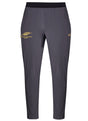 Montgomery Yellowhammers Everest Woven Pants by EMB Canterbury feature gray, sweat-wicking fabric, an elastic waistband, gold logos on the left thigh and right pocket, and a tapered-leg design.