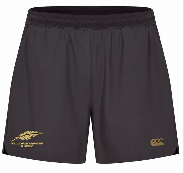 Montgomery Yellowhammers Everest Woven Shorts by Canterbury feature a gold feather logo with “YELLOWHAMMERS RUGBY” on the left leg and a gold CCC brand logo on the right leg. Designed by EMB Canterbury with four-way stretch fabric for maximum mobility and sweat-wicking technology to keep you comfortable during every match.