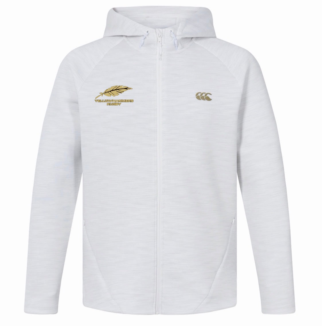 Montgomery Yellowhammers Everest Training Full-Zip Hoodie by EMB Canterbury—a white athletic full-zip hoodie with a hood, featuring a gold Springbok rugby logo and text on the left chest, and a gold Canterbury logo on the right chest. Designed for both comfort and performance, it’s perfect as a rugby training hoodie.