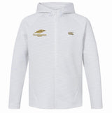 Montgomery Yellowhammers Everest Training Full-Zip Hoodie by EMB Canterbury—a white athletic full-zip hoodie with a hood, featuring a gold Springbok rugby logo and text on the left chest, and a gold Canterbury logo on the right chest. Designed for both comfort and performance, it’s perfect as a rugby training hoodie.