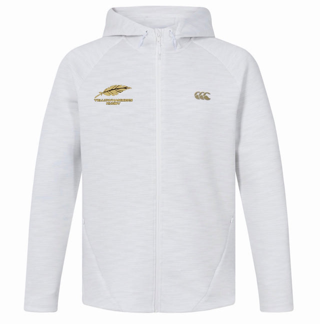 Montgomery Yellowhammers Everest Training Full-Zip Hoodie by EMB Canterbury—a white athletic full-zip hoodie with a hood, featuring a gold Springbok rugby logo and text on the left chest, and a gold Canterbury logo on the right chest. Designed for both comfort and performance, it’s perfect as a rugby training hoodie.