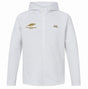 Montgomery Yellowhammers Everest Training Full-Zip Hoodie by EMB Canterbury—a white athletic full-zip hoodie with a hood, featuring a gold Springbok rugby logo and text on the left chest, and a gold Canterbury logo on the right chest. Designed for both comfort and performance, it’s perfect as a rugby training hoodie.
